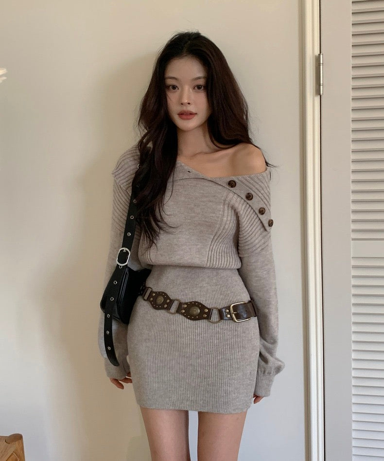 Asymmetrical Collar Waist-Tie Knit Dress