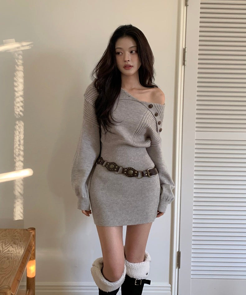 Asymmetrical Collar Waist-Tie Knit Dress