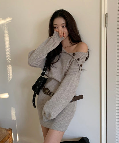 Asymmetrical Collar Waist-Tie Knit Dress