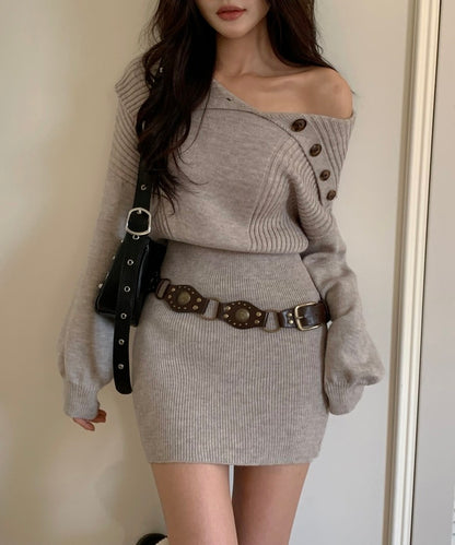 Asymmetrical Collar Waist-Tie Knit Dress