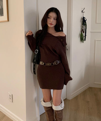 Asymmetrical Collar Waist-Tie Knit Dress