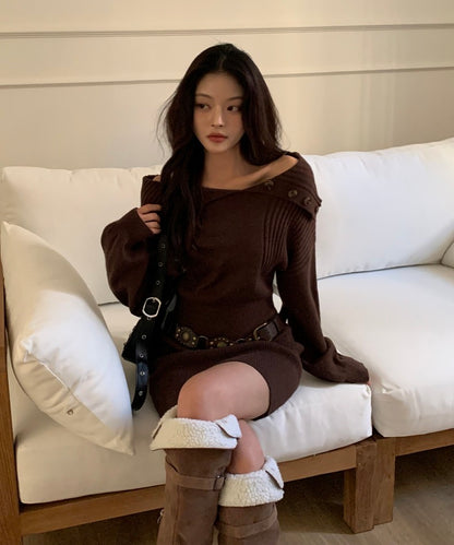 Asymmetrical Collar Waist-Tie Knit Dress