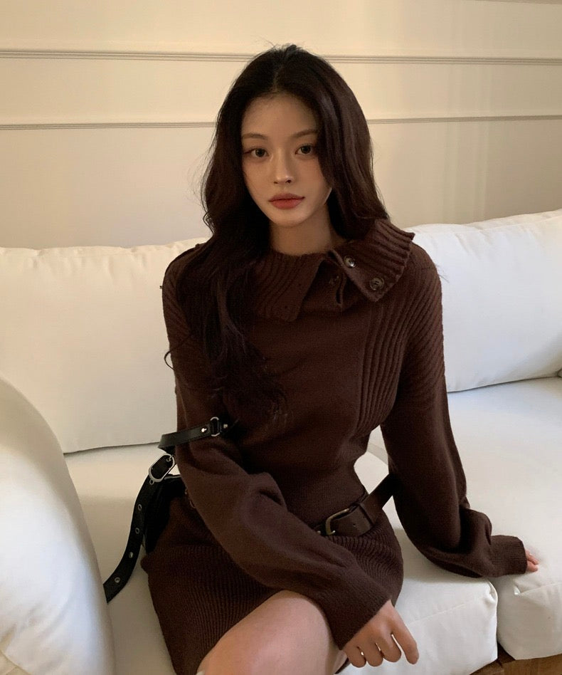 Asymmetrical Collar Waist-Tie Knit Dress