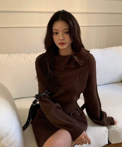 Asymmetrical Collar Waist-Tie Knit Dress