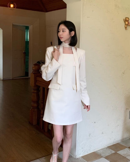 French Style Square Neck Tie Waist Dress