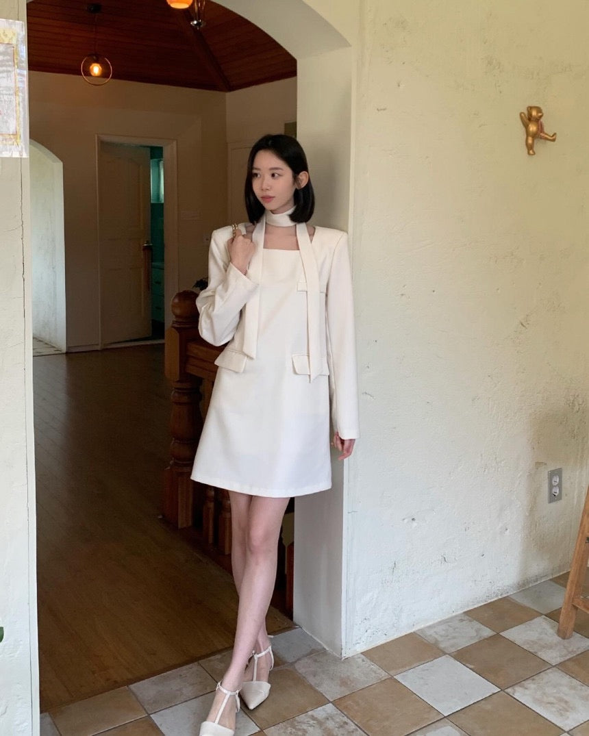 French Style Square Neck Tie Waist Dress