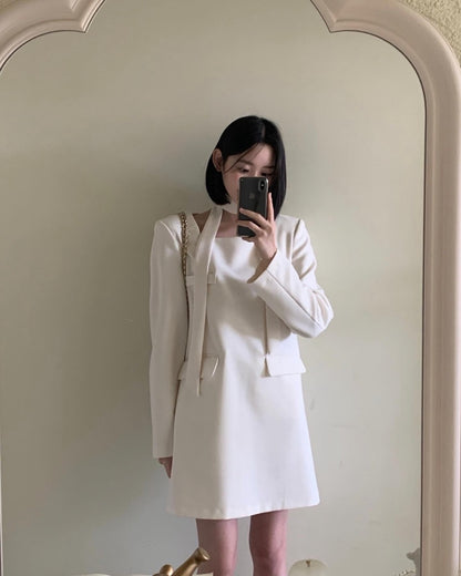 French Style Square Neck Tie Waist Dress