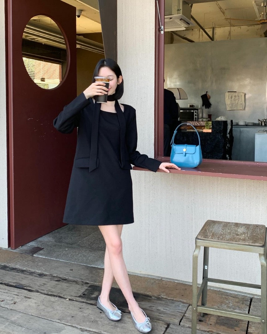 French Style Square Neck Tie Waist Dress