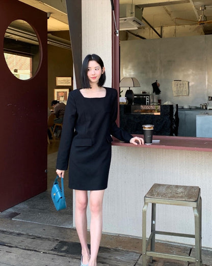 French Style Square Neck Tie Waist Dress