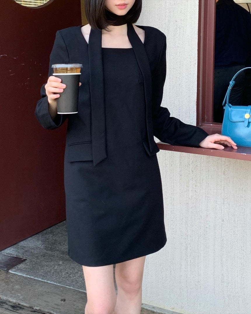 French Style Square Neck Tie Waist Dress