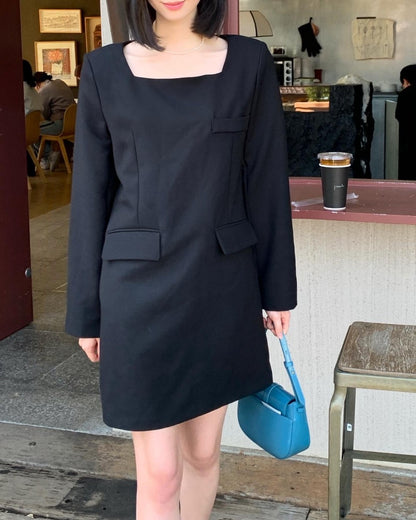 French Style Square Neck Tie Waist Dress