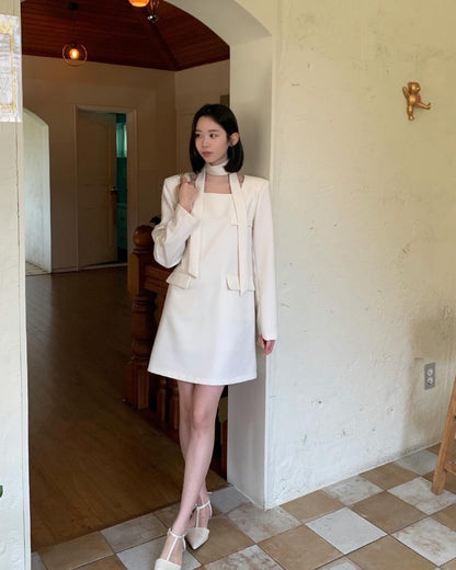 French Style Square Neck Tie Waist Dress