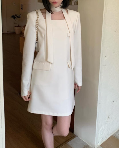 French Style Square Neck Tie Waist Dress