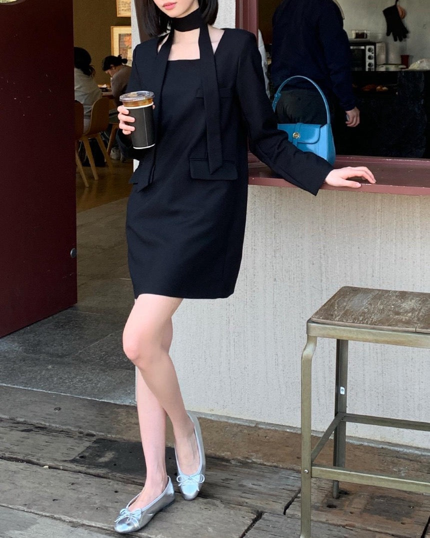 French Style Square Neck Tie Waist Dress