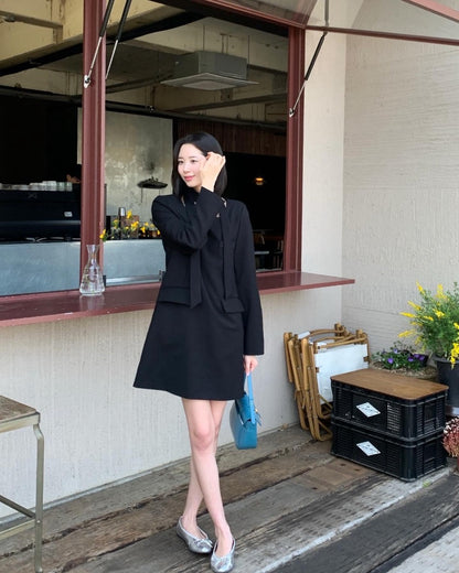 French Style Square Neck Tie Waist Dress