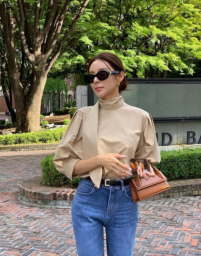 Puffed Sleeve Blouse with Stand Collar and Ribbon Tie