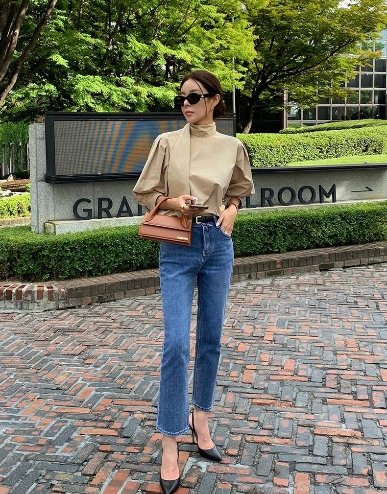 Puffed Sleeve Blouse with Stand Collar and Ribbon Tie