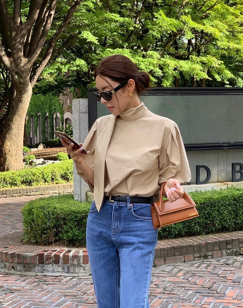 Puffed Sleeve Blouse with Stand Collar and Ribbon Tie