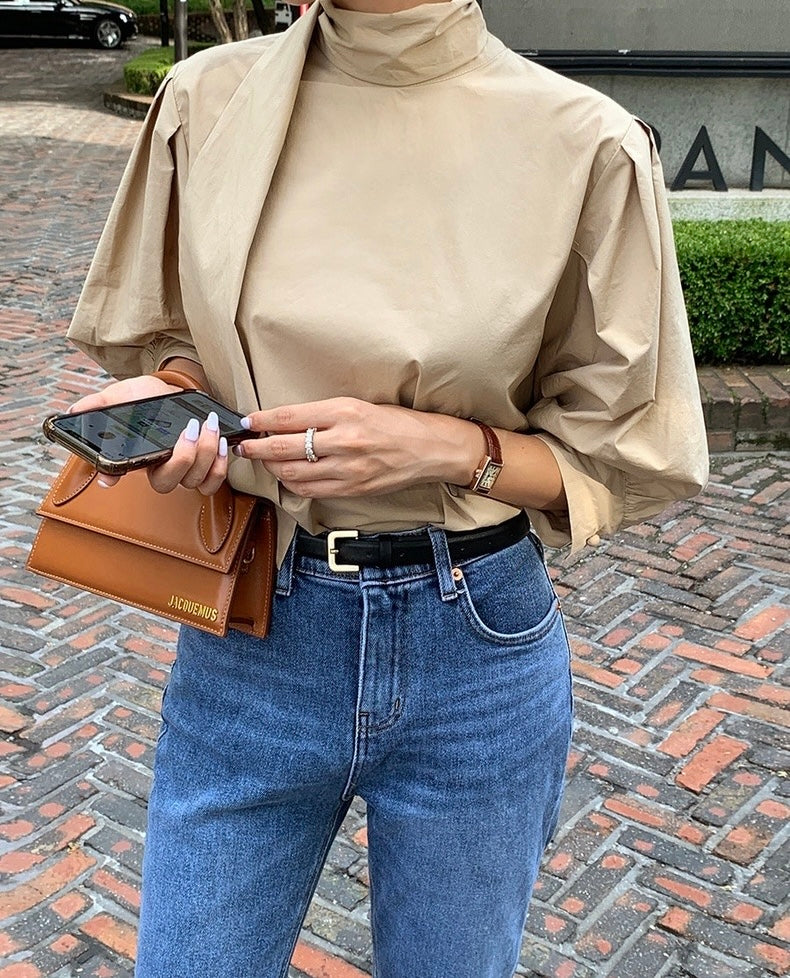 Puffed Sleeve Blouse with Stand Collar and Ribbon Tie