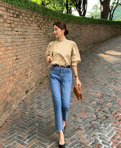 Puffed Sleeve Blouse with Stand Collar and Ribbon Tie