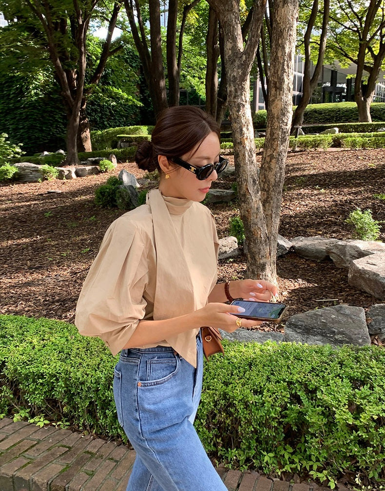 Puffed Sleeve Blouse with Stand Collar and Ribbon Tie