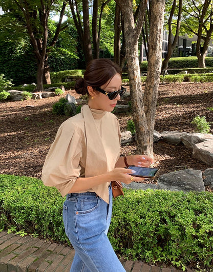 Puffed Sleeve Blouse with Stand Collar and Ribbon Tie