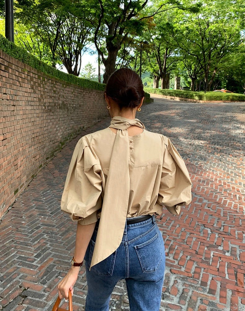 Puffed Sleeve Blouse with Stand Collar and Ribbon Tie