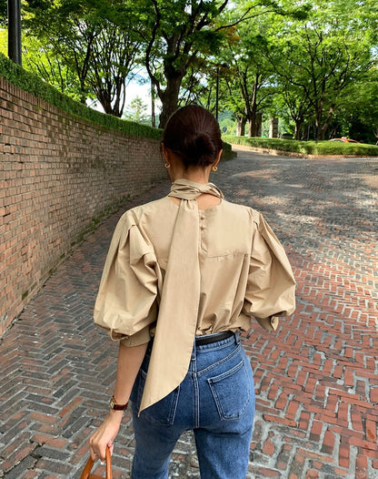 Puffed Sleeve Blouse with Stand Collar and Ribbon Tie