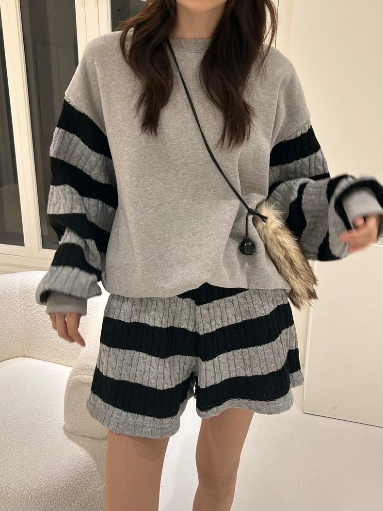 Knit Patchwork Striped Sweatshirt + High-Waisted Shorts Set