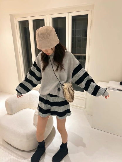 Knit Patchwork Striped Sweatshirt + High-Waisted Shorts Set