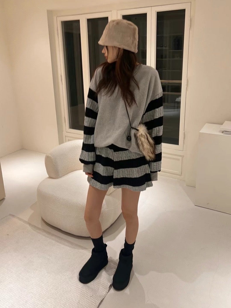Knit Patchwork Striped Sweatshirt + High-Waisted Shorts Set