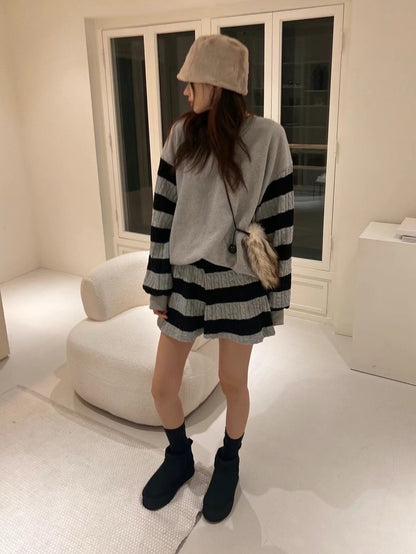 Knit Patchwork Striped Sweatshirt + High-Waisted Shorts Set