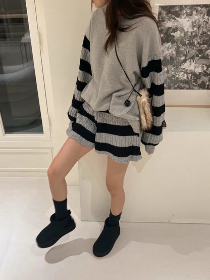 Knit Patchwork Striped Sweatshirt + High-Waisted Shorts Set