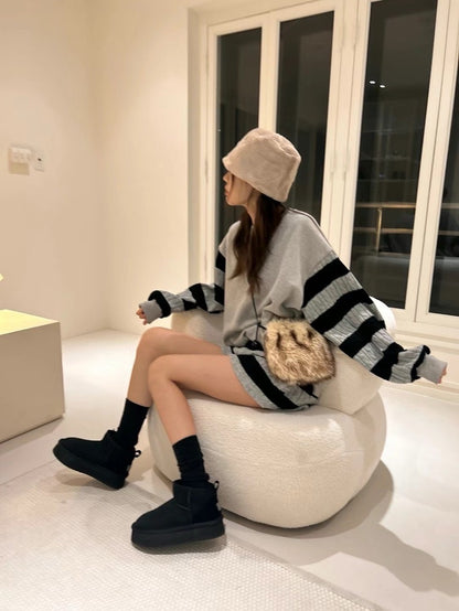 Knit Patchwork Striped Sweatshirt + High-Waisted Shorts Set