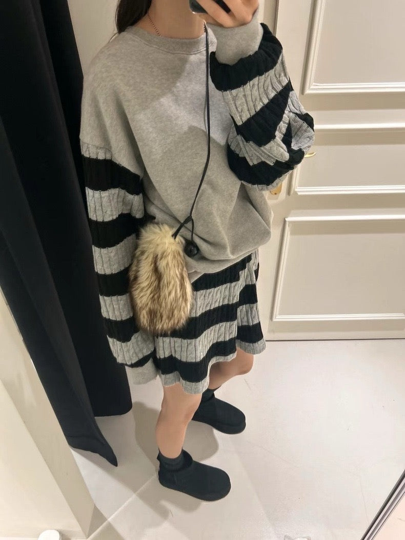 Knit Patchwork Striped Sweatshirt + High-Waisted Shorts Set