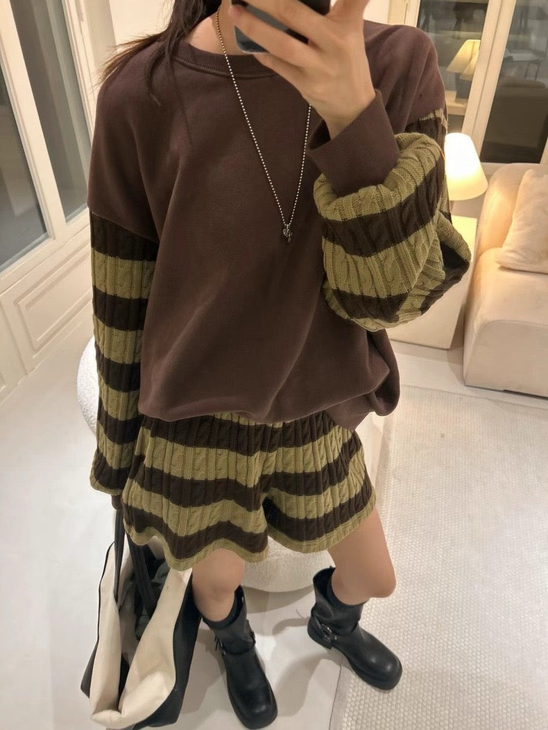 Knit Patchwork Striped Sweatshirt + High-Waisted Shorts Set