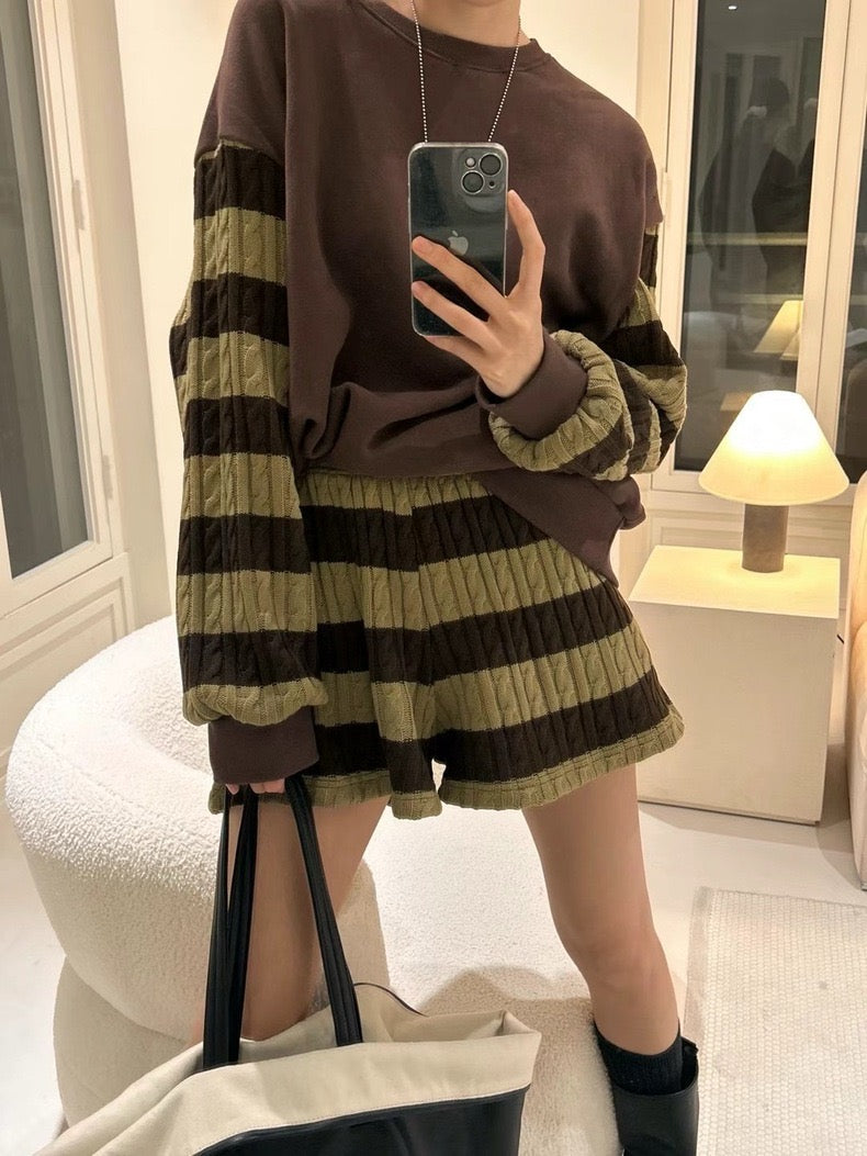 Knit Patchwork Striped Sweatshirt + High-Waisted Shorts Set