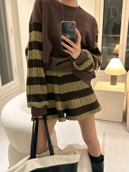 Knit Patchwork Striped Sweatshirt + High-Waisted Shorts Set