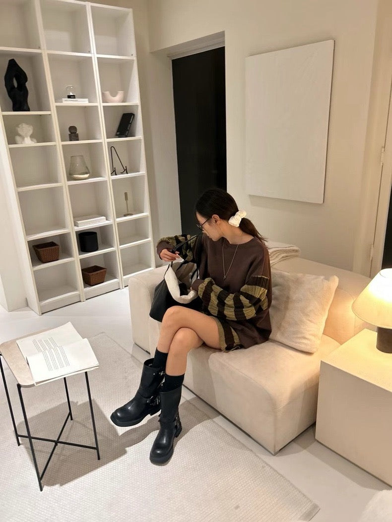 Knit Patchwork Striped Sweatshirt + High-Waisted Shorts Set