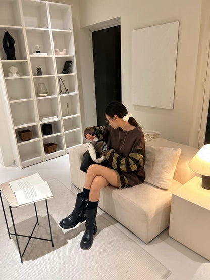 Knit Patchwork Striped Sweatshirt + High-Waisted Shorts Set