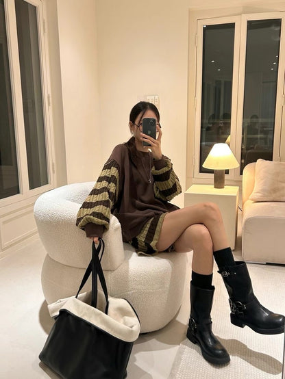 Knit Patchwork Striped Sweatshirt + High-Waisted Shorts Set