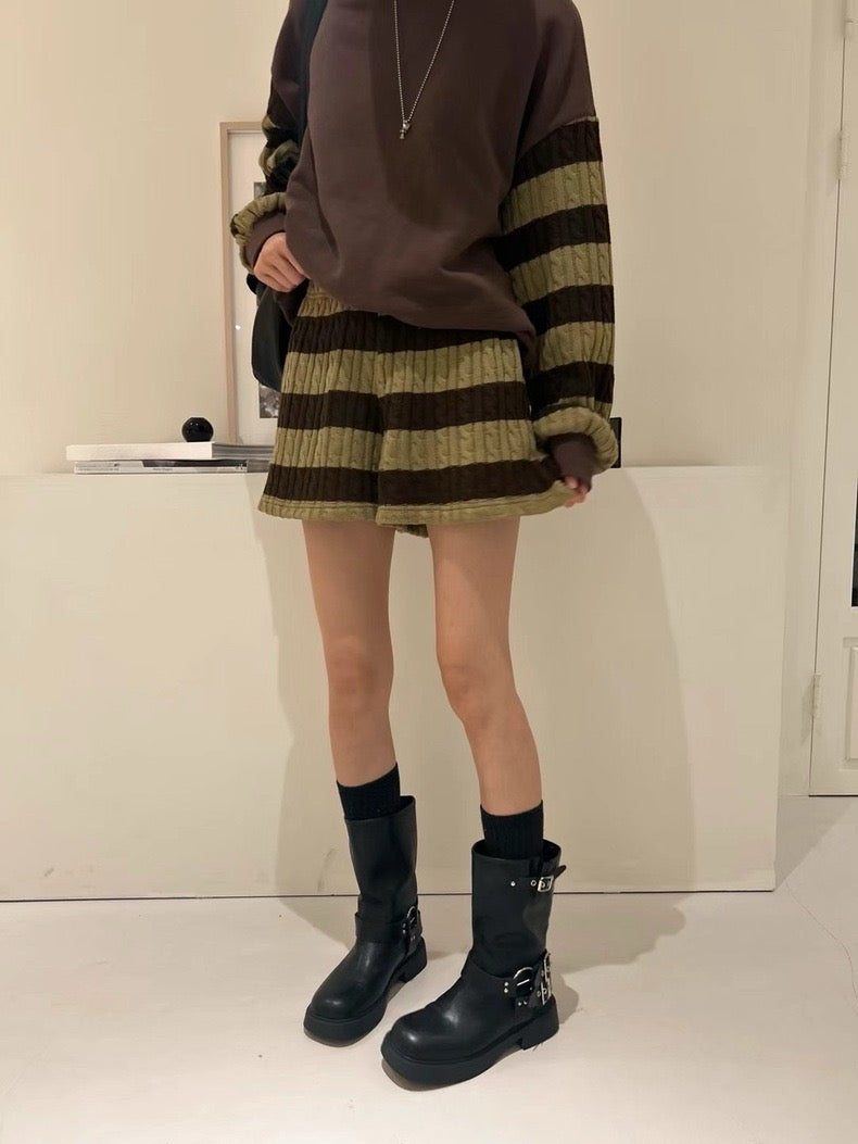 Knit Patchwork Striped Sweatshirt + High-Waisted Shorts Set