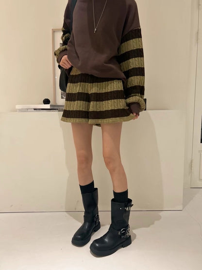 Knit Patchwork Striped Sweatshirt + High-Waisted Shorts Set