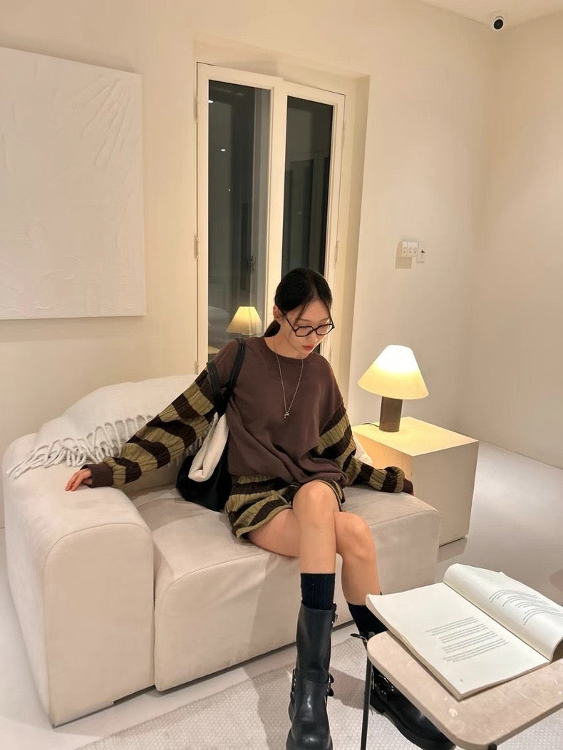 Knit Patchwork Striped Sweatshirt + High-Waisted Shorts Set