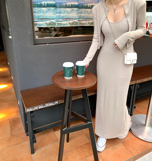 French-style long-sleeve cardigan + knit bodycon cami dress set