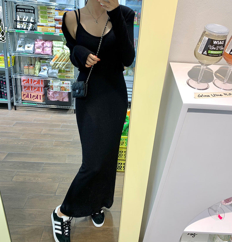 フレンチスタイルの長袖カーディガン+ニットタイトキャミソールドレスセット