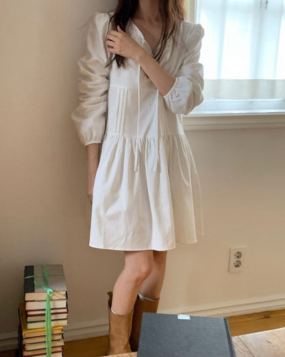 系帶打褶連身裙