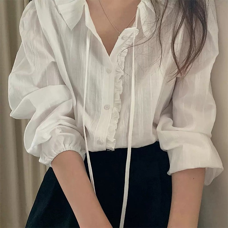 Ruffle Trim Blouse with Tie Detail