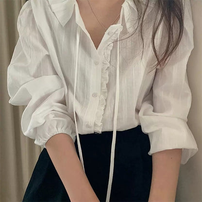 Ruffle Trim Blouse with Tie Detail