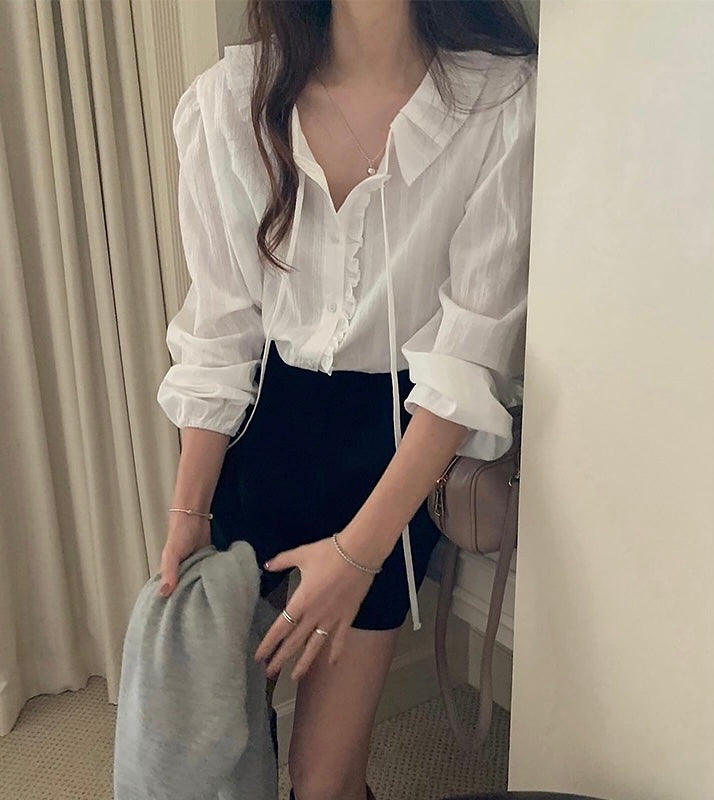 Ruffle Trim Blouse with Tie Detail